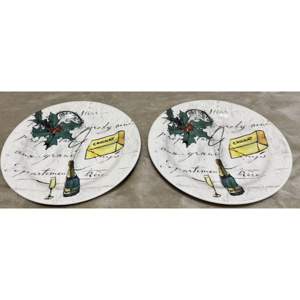 Set Of 2 Williams Sonoma Christmas Plates Chocolate Holly Wine 8 3/4”